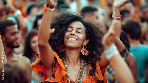 Mesmerizing woman dancing at a music festival. Dynamic atmosphere of celebration.