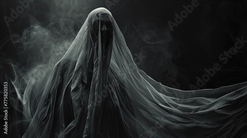 Ghostly apparition in darkness with chilling detail. Evokes eerie sense of dread.