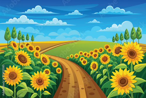 Beautiful sunflower flower blooming in sunflowers field with white cloudy and blue sky. vector for kids background.