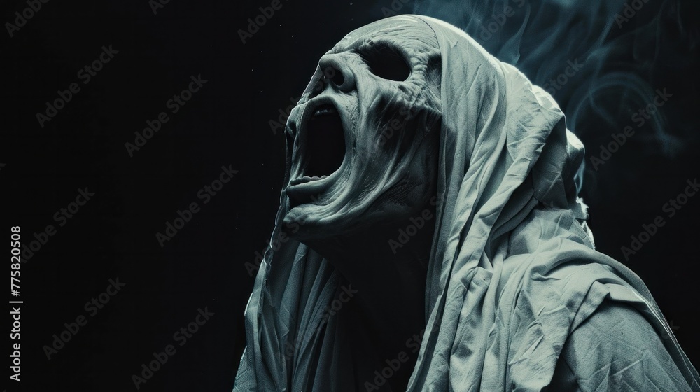 Ghastly undead ghost emits bone-chilling scream. Nightmare scene as a white ghost screams against a pitch-black background, capturing horror with cinematic flair. Ghastly undead ghost emits bone-chilling scream. Nightmare scene as a white ghost screams against a pitch-black background, capturing horror with cinematic flair.