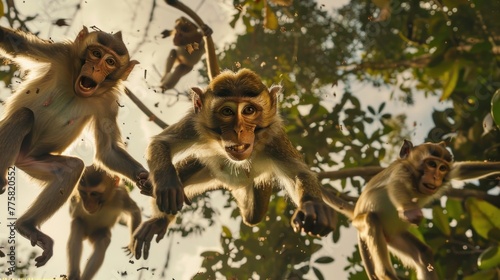 Playful monkeys. Mischievous monkeys frolic amidst treetops in a candid moment.