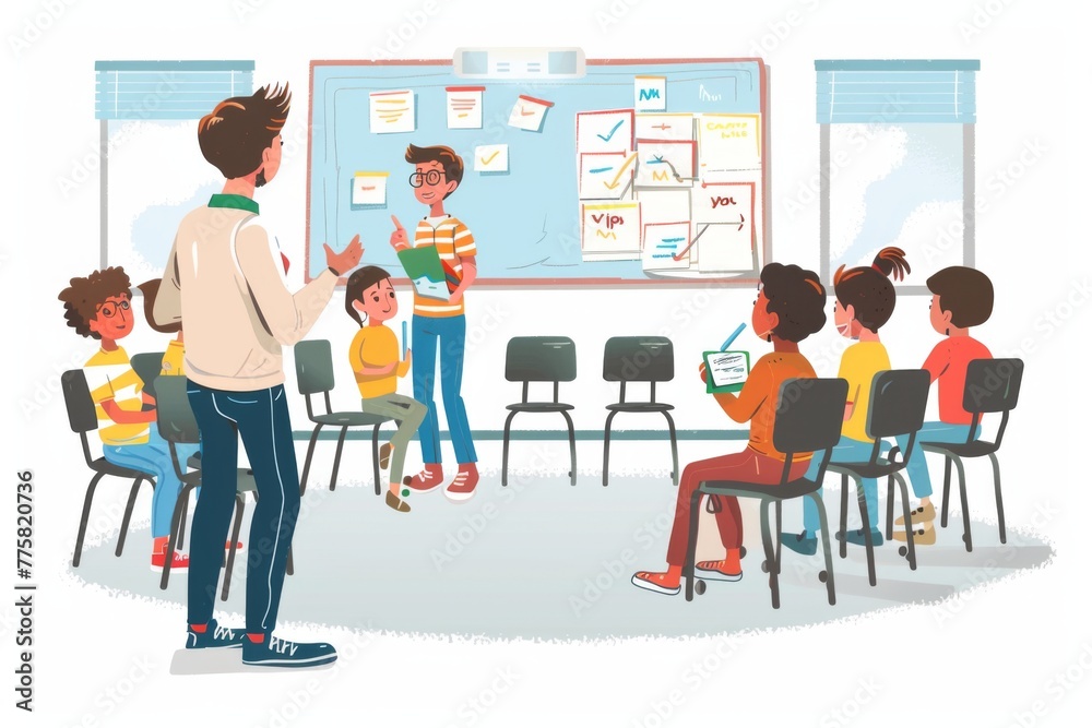 A teacher leading a lively discussion with students in a bright, engaging classroom. Illustration A teacher leading a lively discussion with students in a bright, engaging classroom. Illustration