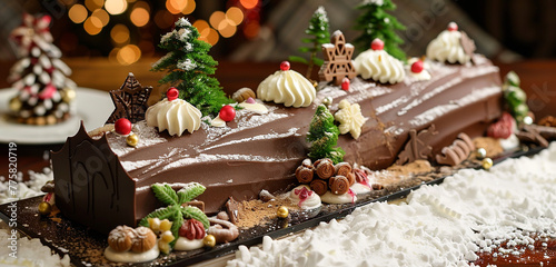 A festive chocolate yule log cake adorned with edible holiday decorations.