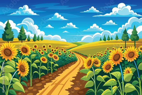Beautiful sunflower flower blooming in sunflowers field with white cloudy and blue sky,vector for kids background,ai generated