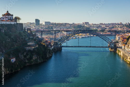 View from Infante D. Henrique Bridge on a Dom Luis I Bridge over Douro River in Porto, Portugal