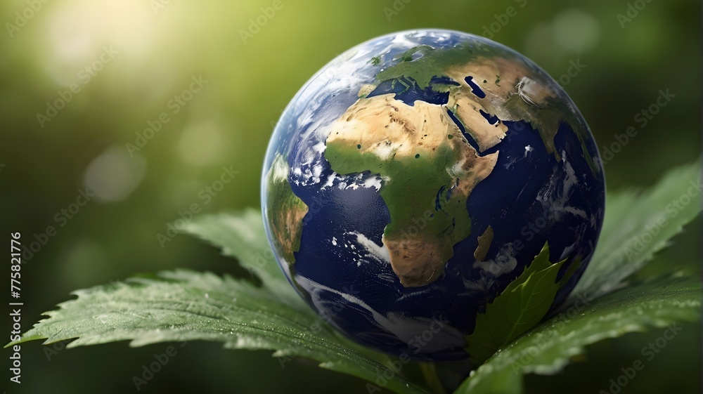 Earth globe in green plant, environment day, ecology concept, copy space