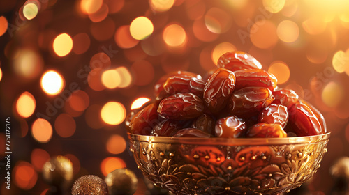 A meticulously arranged bowl of luscious dates takes center stage against a radiant bokeh background, adorned with delicate ornaments, symbolizing the spirit of Ramadan