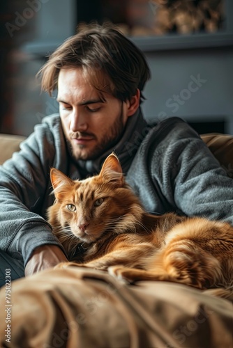 A man sits on the sofa with pets. A pet owner pets his old cat and dog together. real photo. generative AI