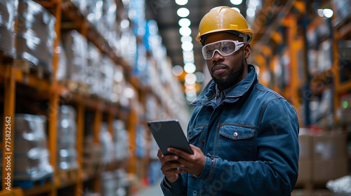 Warehouse security officer wearing a safety helmet, holding an tablet in hand and  monitoring dynamic workplace for staff safety and security