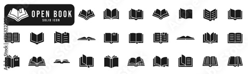 Open book solid icon set. Diary, open book, pages, bookmark, magazine etc.