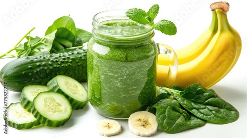 Green smoothie with spinach, cucumber, banana and mint on white background