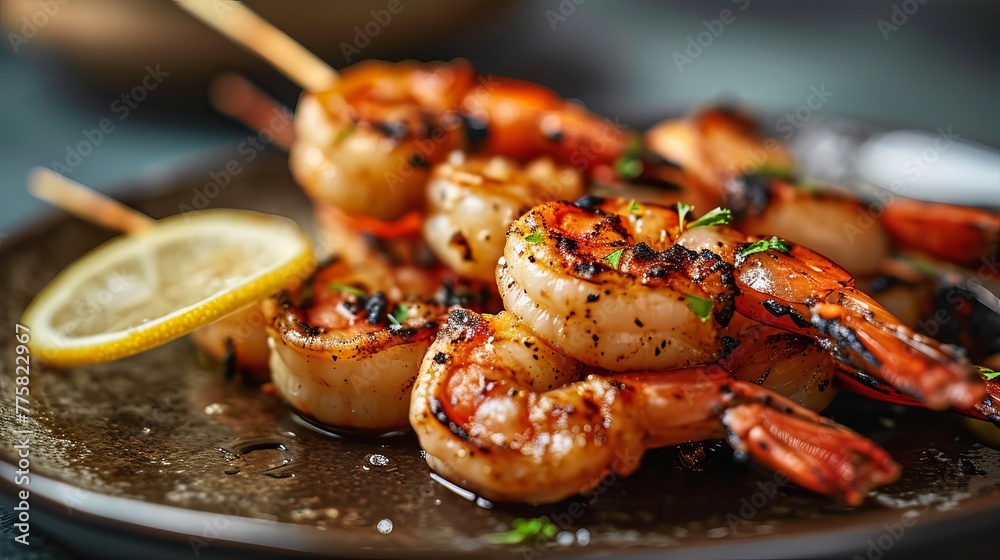 Succulent Grilled Shrimp Skewers with Fresh Lemon Slice on Dark Plate, Seafood Dish Close-Up with Char Marks and Fresh Herbs