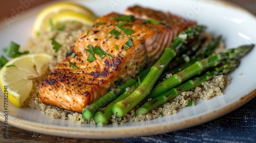 Grilled salmon with quinoa and asparagus. Healthy food photo