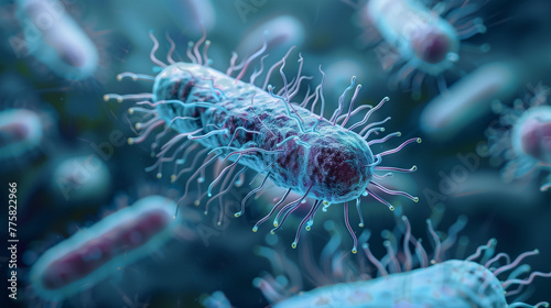 Pathogenic bacteria on blue background, Epidemic bacterial infection photo