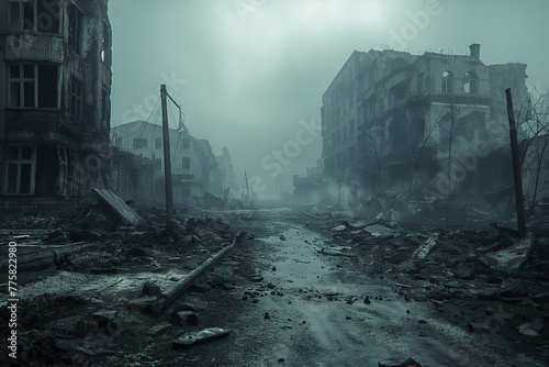 A destroyed city after war. 3D rendering photo