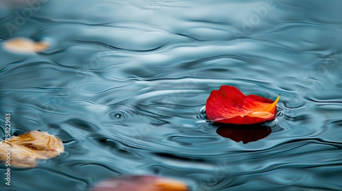 Red rose petals floating on the surface of blue water with reflection
