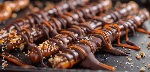Crunchy chocolate-covered pretzel rods drizzled with sweet and salty caramel.