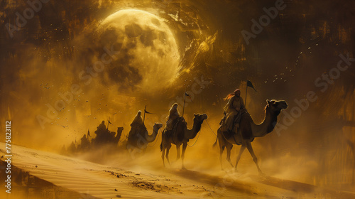 An awe-inspiring portrayal of a camel caravan making its way through the desert under the watchful gaze of the crescent moon