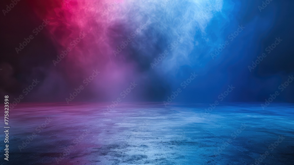 Empty space of Studio dark room with fog or mist and lighting effect red and blue on concrete floor gradient background,Abstract background. Colorful fractal wallpaper. Graphic illustration.
