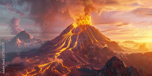 A volcano erupts with a cloud of smoke and a cloud of fire  photo