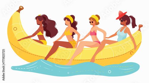 Happy Girls Riding on Banana Boat Women Relaxing at S