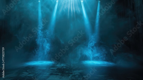 Empty space studio dark room with blue lighting effect ,Future Neon Glow Futuristic Mysterious Volumetrics Deep Blue Corridor Hangar Basement Underground Hallway Abstract background © PX Studio