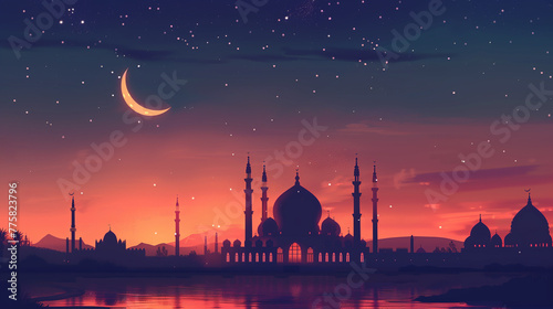 illustration capturing the serene beauty of a mosque silhouetted against a starry night sky