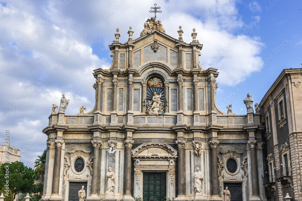 Front view of Cathedral St Agatha Abbey in historic part of Catania city, Sicily Island, Italy