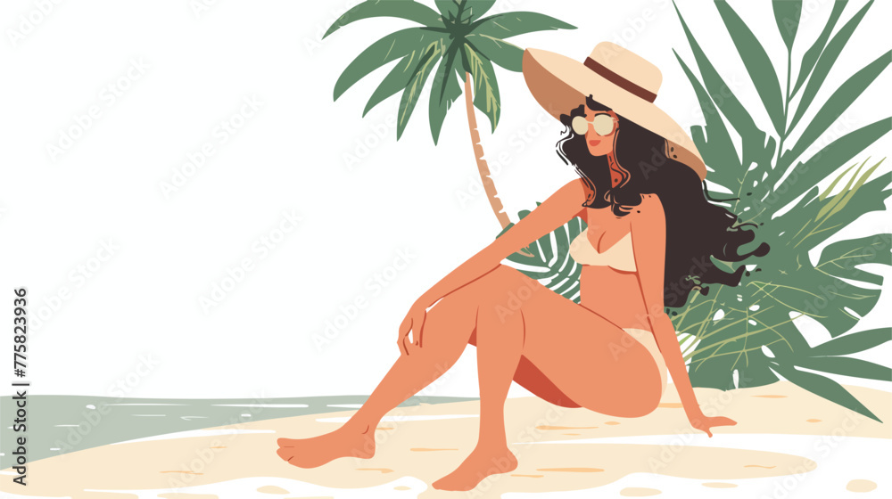 Happy woman in swimsuit sit on beach enjoy summer vac