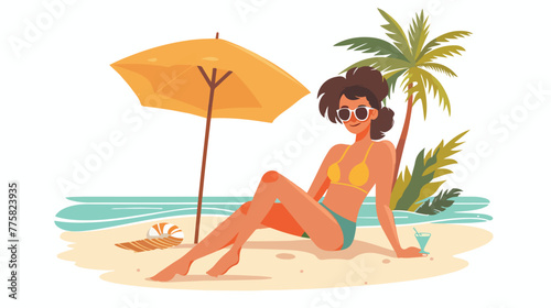 Happy woman in swimsuit sit on beach enjoy summer vac