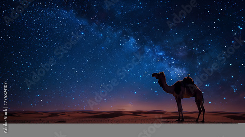 A breathtaking panorama of the desert at night, with a lone camel standing tall against the backdrop of a sky illuminated by the brilliance of countless stars, signaling the arrival of Ramadan