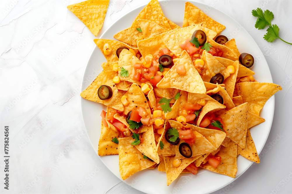 Loaded Nachos on a White Plate with Fresh Garnish Loaded Nachos on a White Plate with Fresh Garnish
