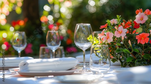 Crisp white table linens with decorative flowers outdoors