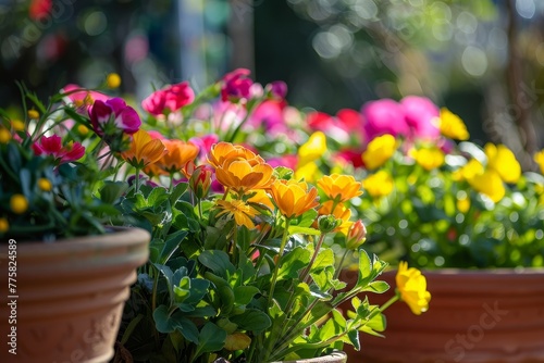 Terracotta Pots Overflowing with Bright Spring Blooms in a Sunlit Garden