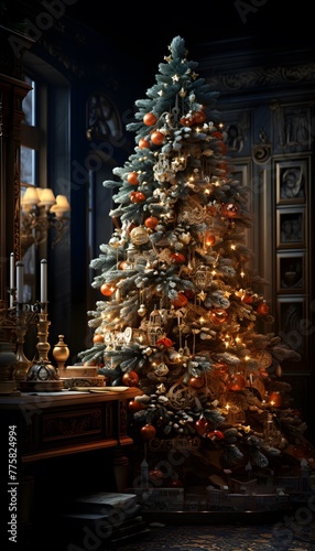 Christmas tree in a classic interior. 3D rendering. 3D illustration.
