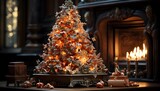 Decorated Christmas tree in front of a fireplace in a room
