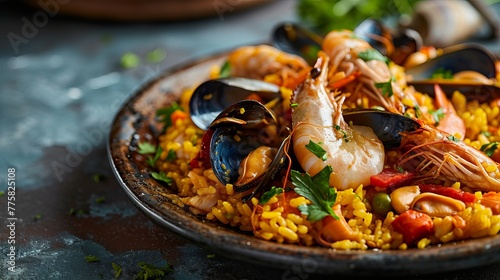 Close-Up of Delicious Seafood Paella with Shrimp, Mussels, and Fresh Herbs in a Rustic Bowl