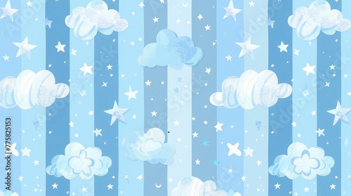 Gentle stripe pattern in pastel blue colours with added stars and clouds,baby shower. Seamless background, texture, backdrop, pattern, wallpaper with children cartoon doodle toys. 
