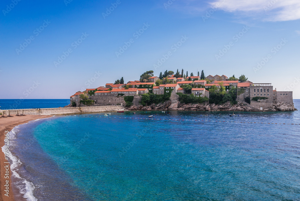 Sveti Stefan islet with Aman Sveti Stefan hotel on Adriatic coast, Montenegro - obrazy, fototapety, plakaty 