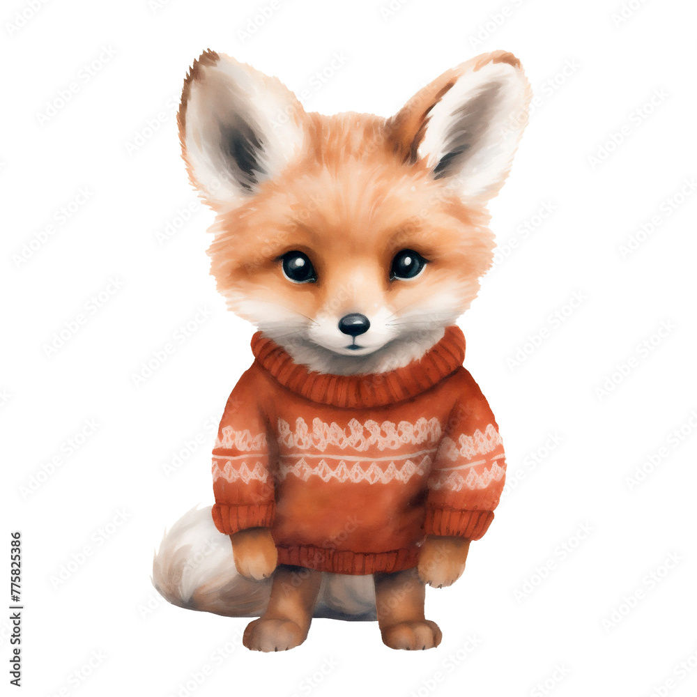 Watercolor hand-painted illustration of a fox cub in a sweater. Isolated on a white background