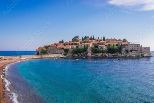 Sveti Stefan islet with Aman Sveti Stefan hotel on Adriatic coast, Montenegro