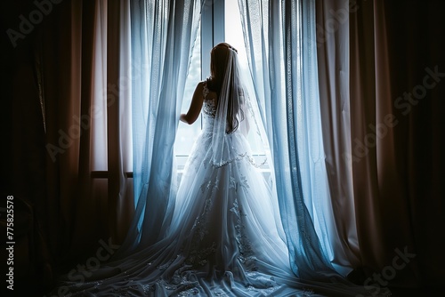 As the bride, dressed in a train-style bridal gown, stands back and opens the window curtains, her silhouette is visible against the light, Generative AI.