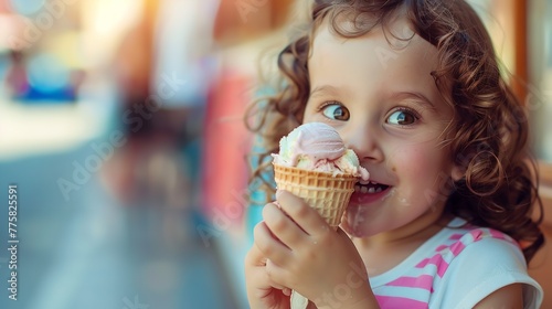 Child in cafe enjoying ice cream. Curly, funny kid enjoying ice cream outside, Generative AI.