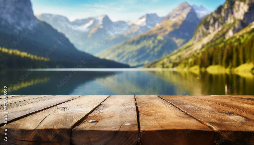 Close-up of an empty wooden table (diminishing perspective) with a blurred mountain lake on background. Template for your products display on top of the table. Generative Ai. Close-up of an empty wooden table (diminishing perspective) with a blurred mountain lake on background. Template for your products display on top of the table. Generative Ai.