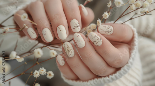 Beautiful Womans hands with floral elegant manicure with blossom flowers. Spring nails desigh