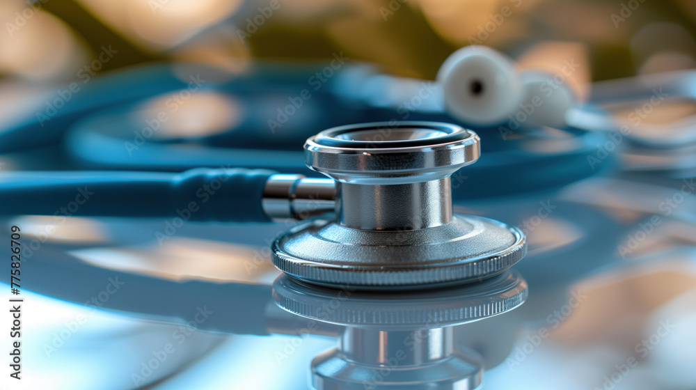 Medical stethoscope close-up with a blurred background in a clinical setting. Medical stethoscope close-up with a blurred background in a clinical setting.