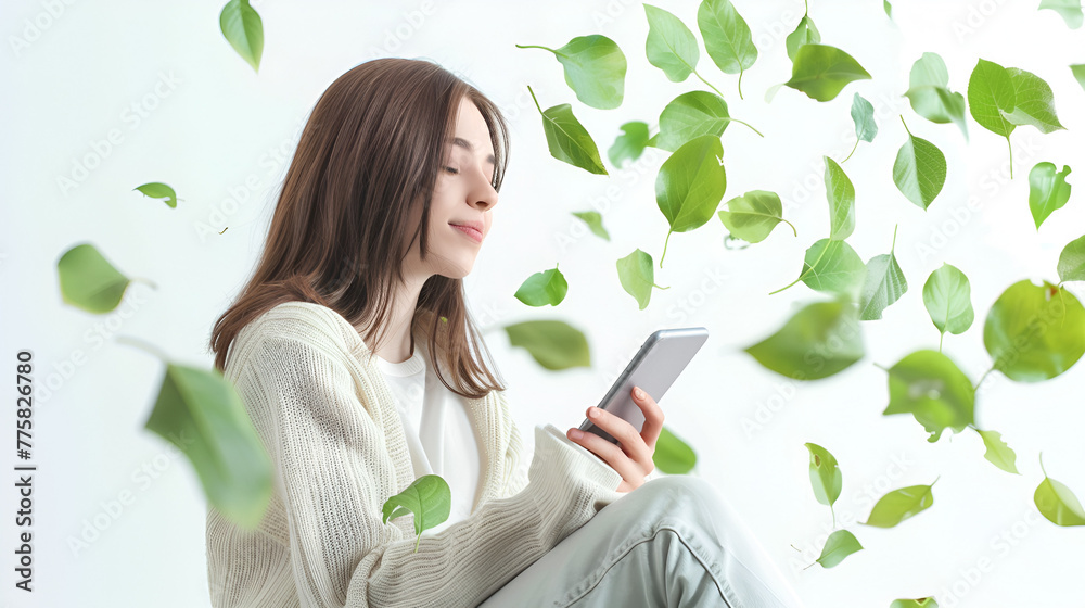 a girl using mobile in flying leaves , generative ai a girl using mobile in flying leaves , generative ai
