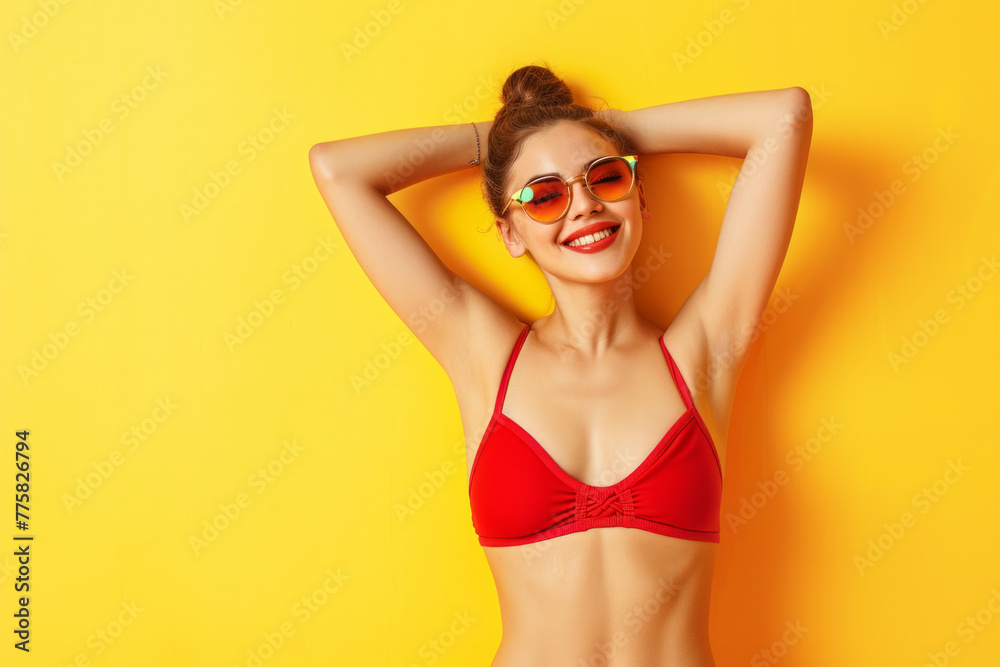 Obraz premium Funny young happy woman in red swimsuit going on summer holiday trip and having fun on a yellow studio background with copy space. Vacation and travel concept