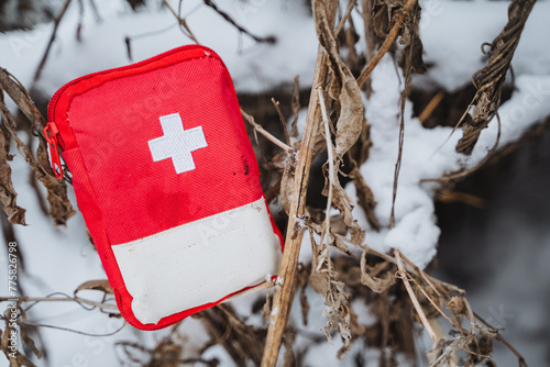 A compact first aid kit for a lost tourist in the forest, a white cross is a symbol of medicines.