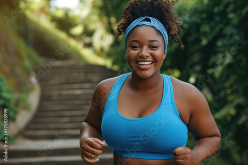 Happy smiling overweight African American woman jogging in park in summer. Portrait of cheerful beautiful fat plump chubby stout young lady in blue sports bra